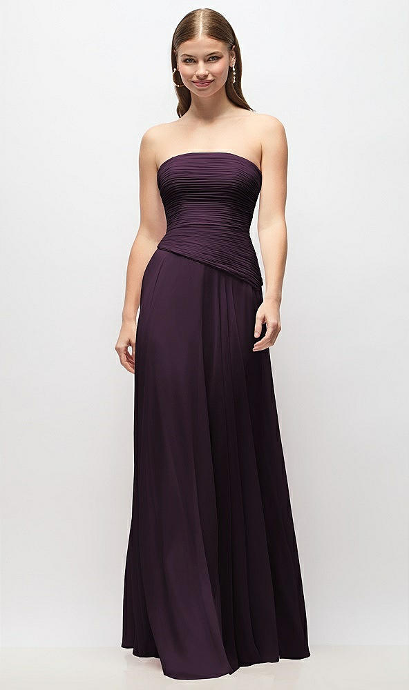 Front View - Aubergine Strapless Chiffon Maxi Dress with Asymmetrical Ruched Drop Waist