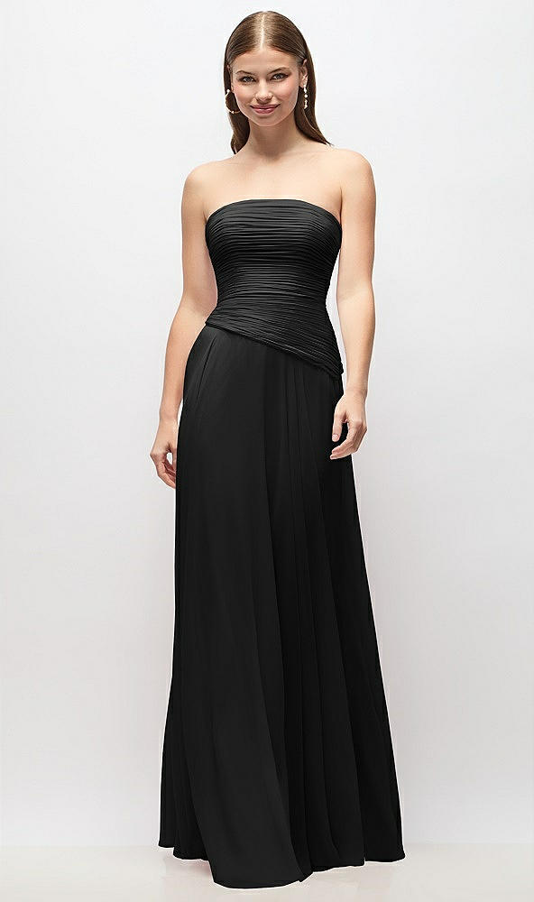 Front View - Black Strapless Chiffon Maxi Dress with Asymmetrical Ruched Drop Waist