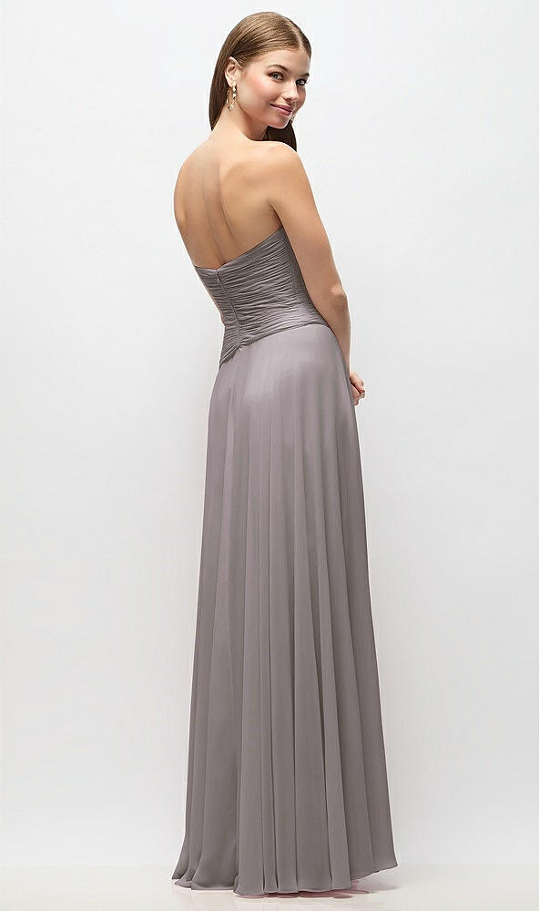 Back View - Cashmere Gray Strapless Chiffon Maxi Dress with Asymmetrical Ruched Drop Waist