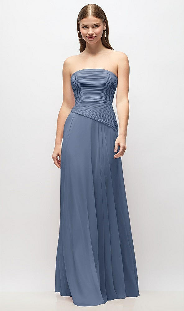 Front View - Larkspur Blue Strapless Chiffon Maxi Dress with Asymmetrical Ruched Drop Waist