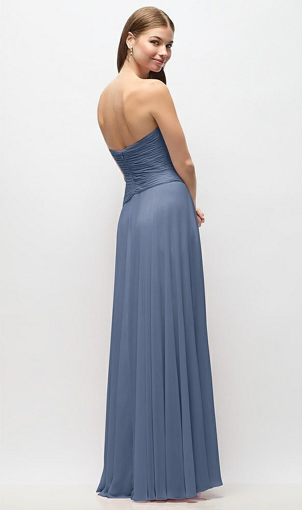 Back View - Larkspur Blue Strapless Chiffon Maxi Dress with Asymmetrical Ruched Drop Waist