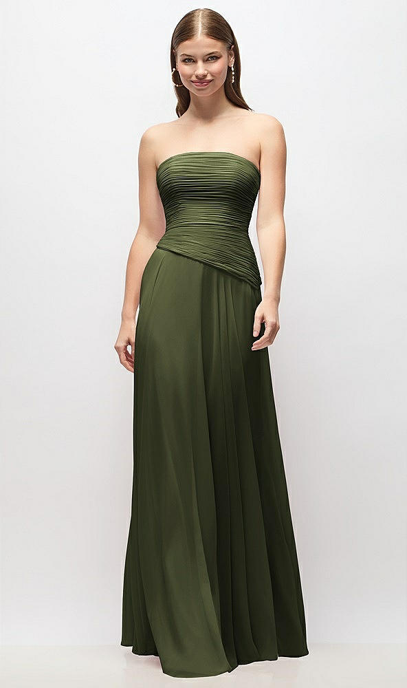 Front View - Olive Green Strapless Chiffon Maxi Dress with Asymmetrical Ruched Drop Waist