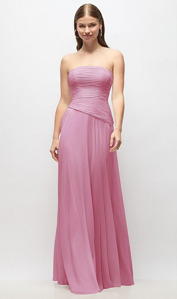 Front View - Powder Pink Strapless Chiffon Maxi Dress with Asymmetrical Ruched Drop Waist