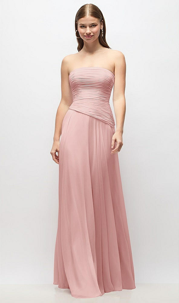 Front View - Rose Strapless Chiffon Maxi Dress with Asymmetrical Ruched Drop Waist