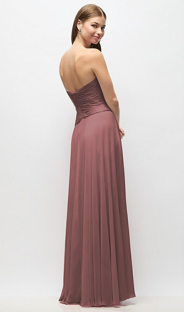 Back View - Rosewood Strapless Chiffon Maxi Dress with Asymmetrical Ruched Drop Waist