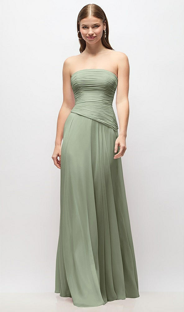 Front View - Sage Strapless Chiffon Maxi Dress with Asymmetrical Ruched Drop Waist