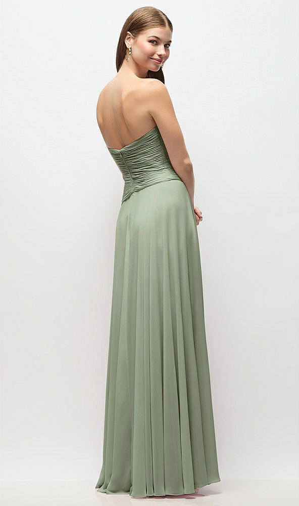 Back View - Sage Strapless Chiffon Maxi Dress with Asymmetrical Ruched Drop Waist