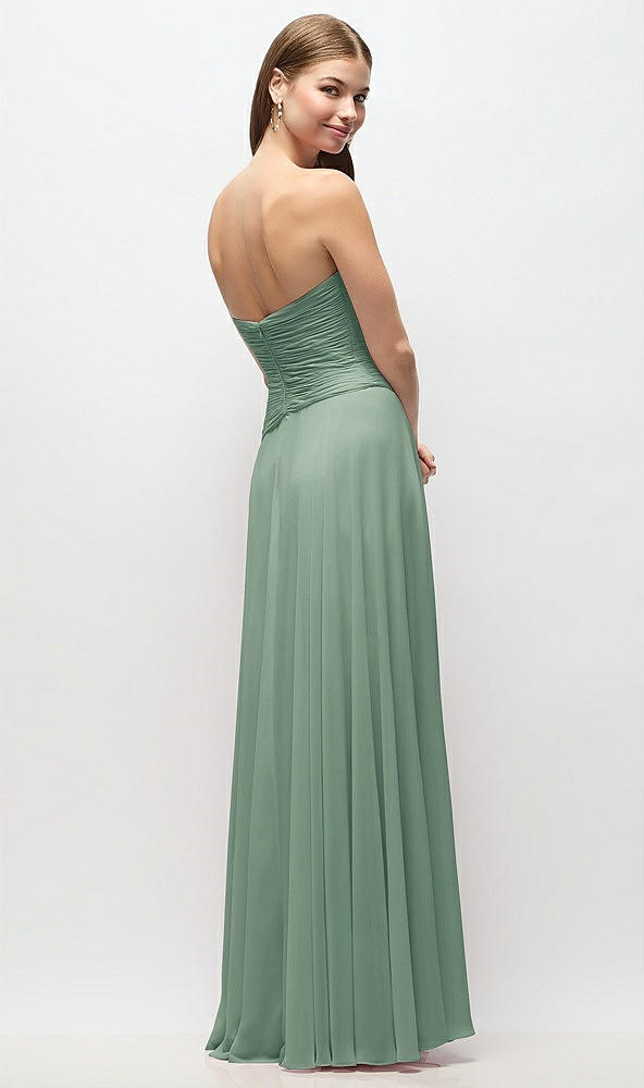 Back View - Seagrass Strapless Chiffon Maxi Dress with Asymmetrical Ruched Drop Waist