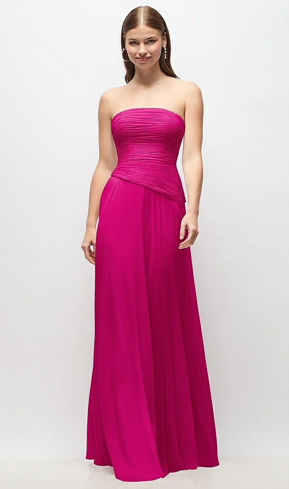 Front View - Think Pink Strapless Chiffon Maxi Dress with Asymmetrical Ruched Drop Waist