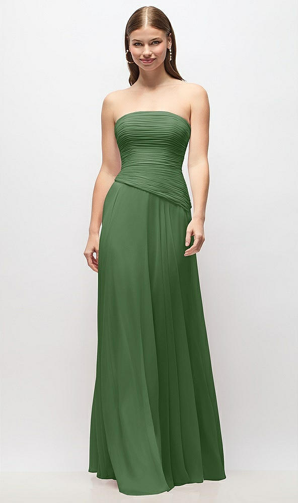 Front View - Vineyard Green Strapless Chiffon Maxi Dress with Asymmetrical Ruched Drop Waist