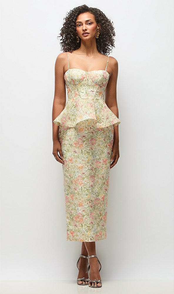 Front View - Wildflower Multi Floral Re-Embroidered Voile Bustier Midi Dress with Peplum over Column Skirt