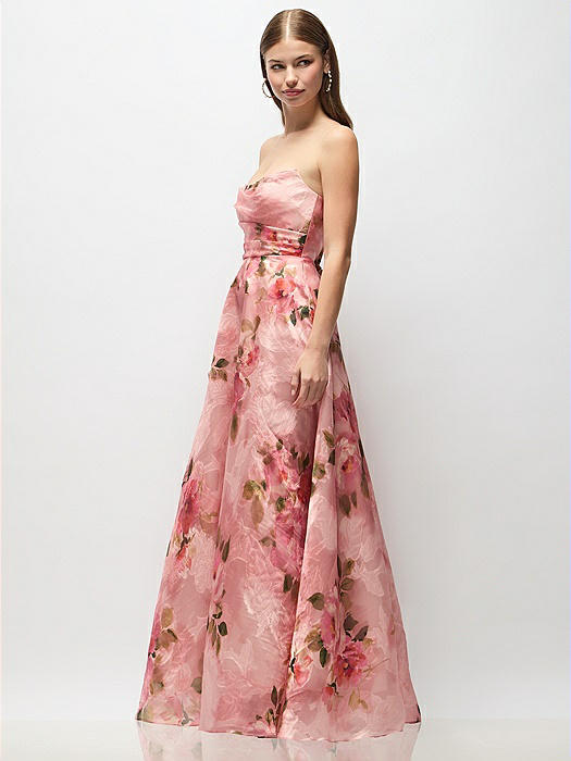 Strapless Organza Jacquard Maxi Dress with Draped Cat-Eye Bodice