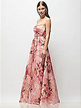 Front View Thumbnail - Guava Floral Print Strapless Organza Jacquard Maxi Dress with Draped Cat-Eye Bodice