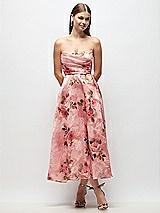 Front View Thumbnail - Guava Floral Print Strapless Organza Jacquard Midi Dress with Draped Cat-Eye Bodice