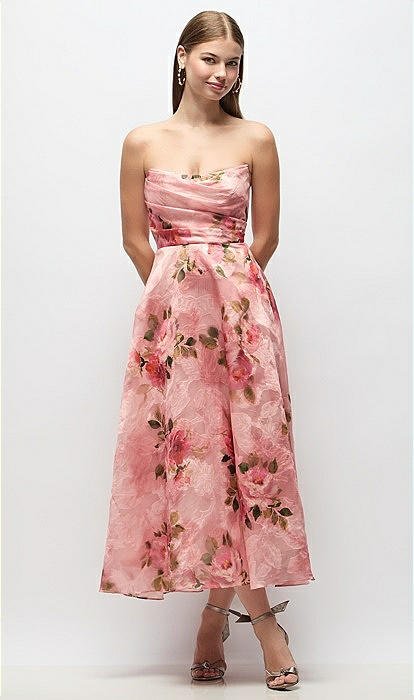 Strapless Organza Jacquard Midi Bridesmaid Dress With Draped Cat