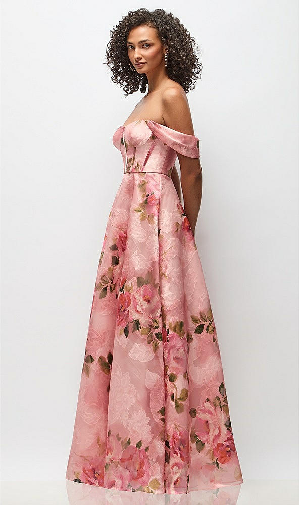 Front View - Guava Floral Print Strapless Organza Jacquard Bustier Maxi Dress with Off-the-Shoulder Swags