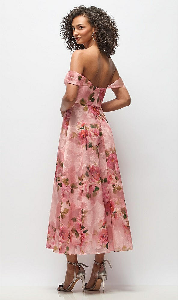 Back View - Guava Floral Print Strapless Organza Jacquard Bustier Midi Dress with Off-the-Shoulder Swags