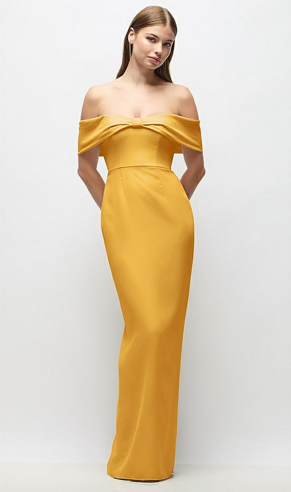 Front View - NYC Yellow Off-the-Shoulder Crepe Column Maxi Dress with Bow-Pinch Detail