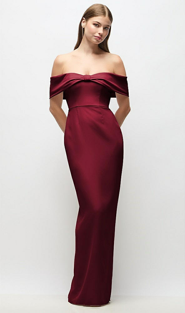 Front View - Burgundy Off-the-Shoulder Crepe Column Maxi Dress with Bow-Pinch Detail