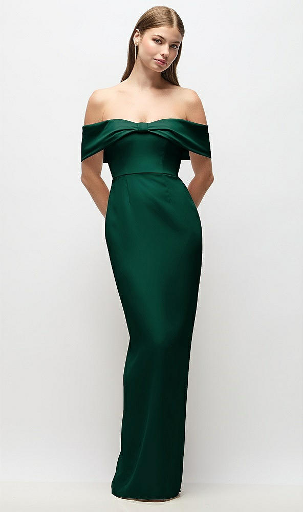 Front View - Hunter Green Off-the-Shoulder Crepe Column Maxi Dress with Bow-Pinch Detail