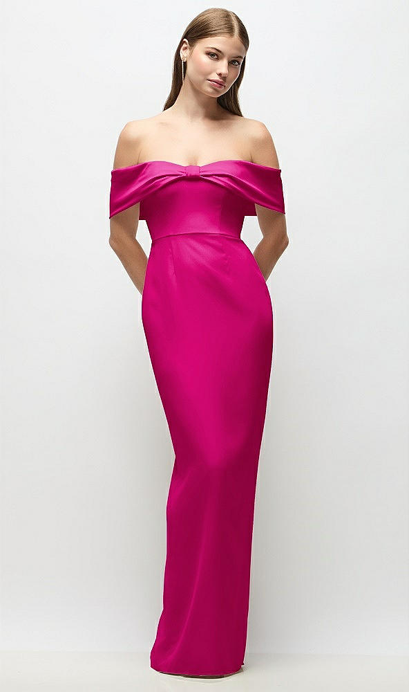 Front View - Think Pink Off-the-Shoulder Crepe Column Maxi Dress with Bow-Pinch Detail