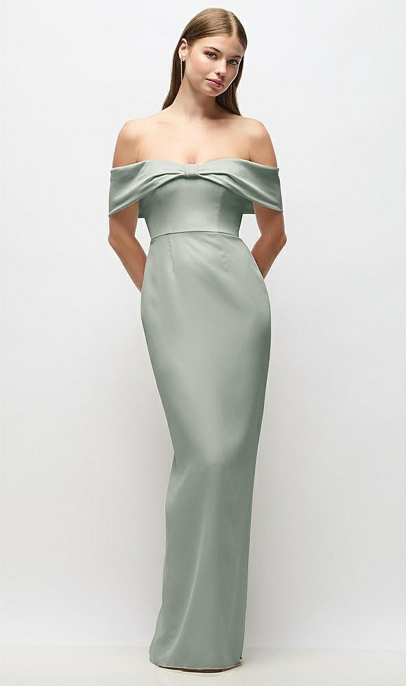 Front View - Willow Green Off-the-Shoulder Crepe Column Maxi Dress with Bow-Pinch Detail