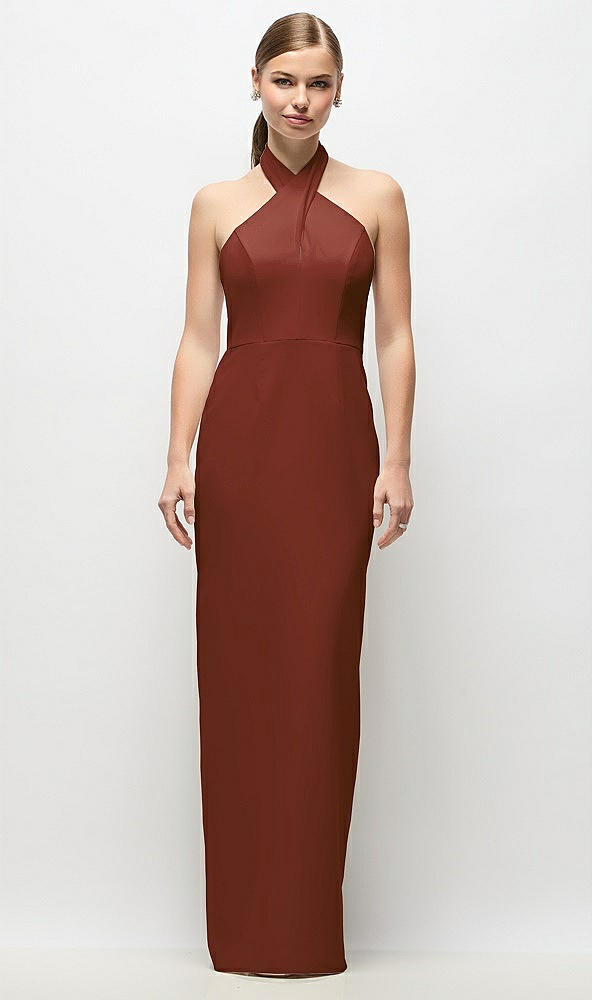 Front View - Auburn Moon Criss-Cross Halter Open-Back Crepe Column Maxi Dress