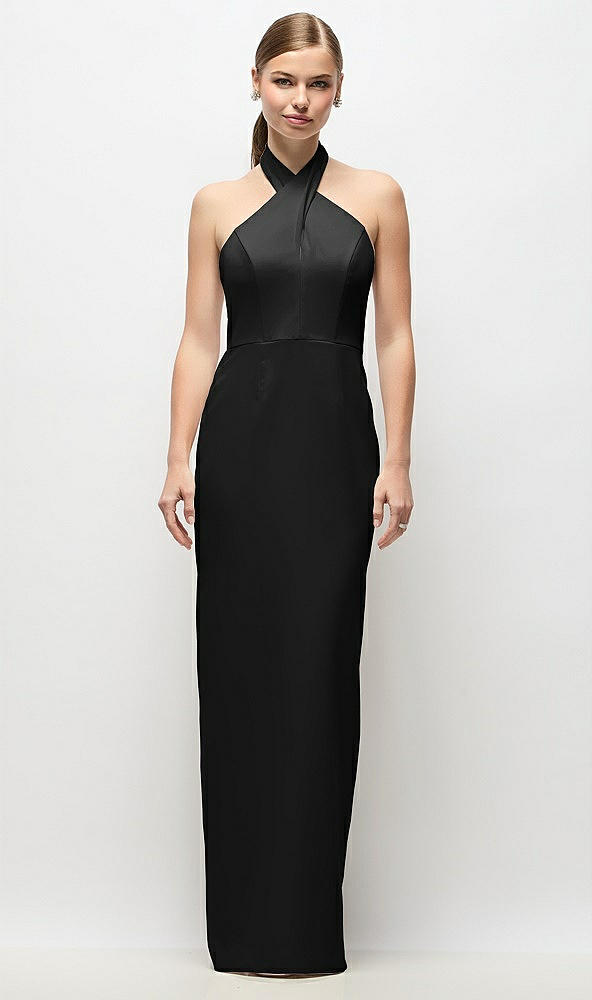 Front View - Black Criss-Cross Halter Open-Back Crepe Column Maxi Dress