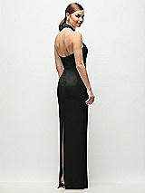 Rear View Thumbnail - Black Criss-Cross Halter Open-Back Crepe Column Maxi Dress