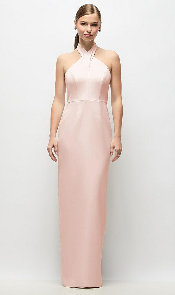 Front View - Blush Criss-Cross Halter Open-Back Crepe Column Maxi Dress