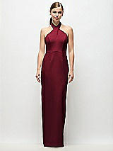 Front View Thumbnail - Burgundy Criss-Cross Halter Open-Back Crepe Column Maxi Dress