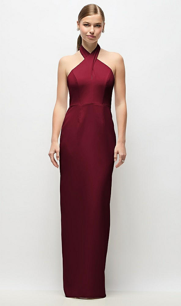 Front View - Burgundy Criss-Cross Halter Open-Back Crepe Column Maxi Dress