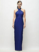 Front View Thumbnail - Cobalt Blue Criss-Cross Halter Open-Back Crepe Column Maxi Dress