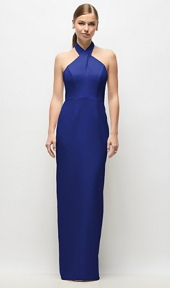 Front View - Cobalt Blue Criss-Cross Halter Open-Back Crepe Column Maxi Dress