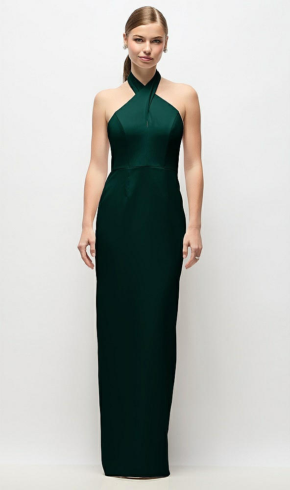 Front View - Evergreen Criss-Cross Halter Open-Back Crepe Column Maxi Dress