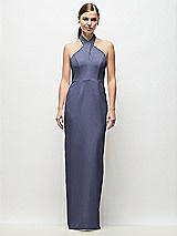 Front View Thumbnail - French Blue Criss-Cross Halter Open-Back Crepe Column Maxi Dress