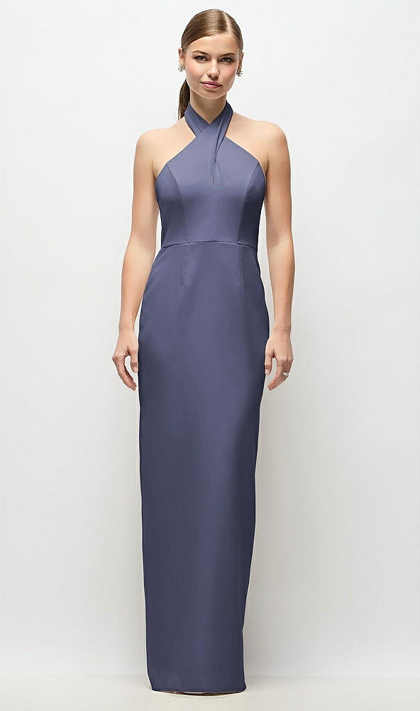 Front View - French Blue Criss-Cross Halter Open-Back Crepe Column Maxi Dress