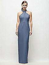 Front View Thumbnail - Larkspur Blue Criss-Cross Halter Open-Back Crepe Column Maxi Dress
