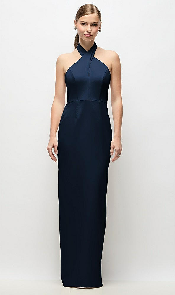 Front View - Midnight Navy Criss-Cross Halter Open-Back Crepe Column Maxi Dress