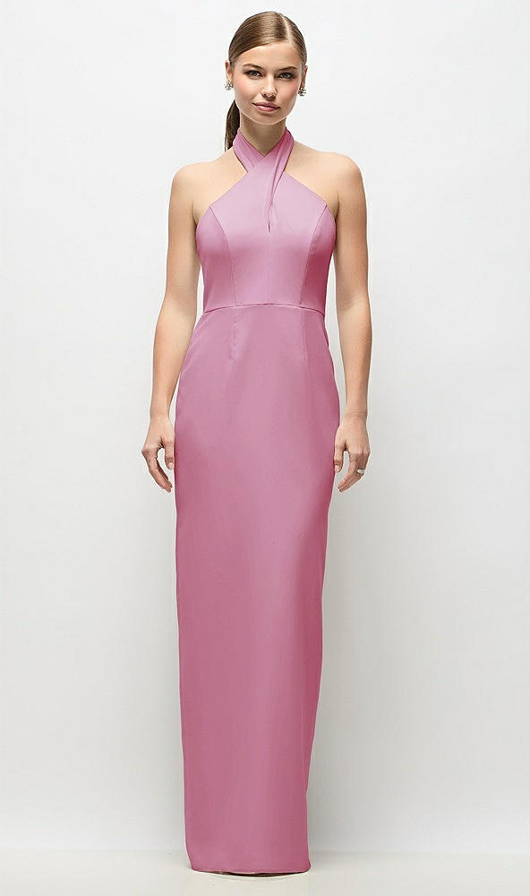 Front View - Powder Pink Criss-Cross Halter Open-Back Crepe Column Maxi Dress