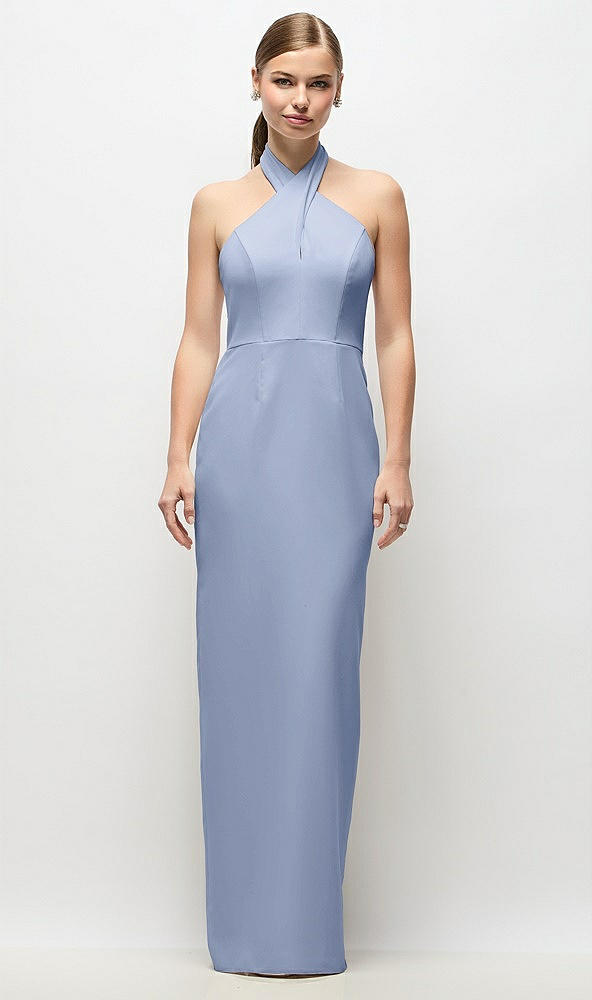 Front View - Sky Blue Criss-Cross Halter Open-Back Crepe Column Maxi Dress