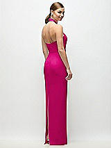 Rear View Thumbnail - Think Pink Criss-Cross Halter Open-Back Crepe Column Maxi Dress