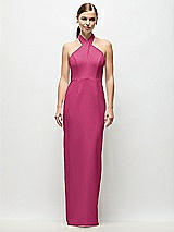 Front View Thumbnail - Tea Rose Criss-Cross Halter Open-Back Crepe Column Maxi Dress
