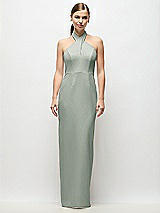 Front View Thumbnail - Willow Green Criss-Cross Halter Open-Back Crepe Column Maxi Dress