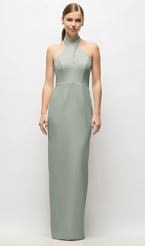 Front View - Willow Green Criss-Cross Halter Open-Back Crepe Column Maxi Dress