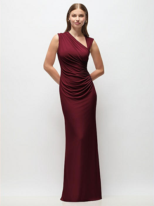 Asymmetrical Cap Sleeve Matte Jersey Column Maxi Dress with Fanned Ruching