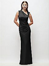 Front View Thumbnail - Black Asymmetrical Cap Sleeve Matte Jersey Column Maxi Dress with Fanned Ruching