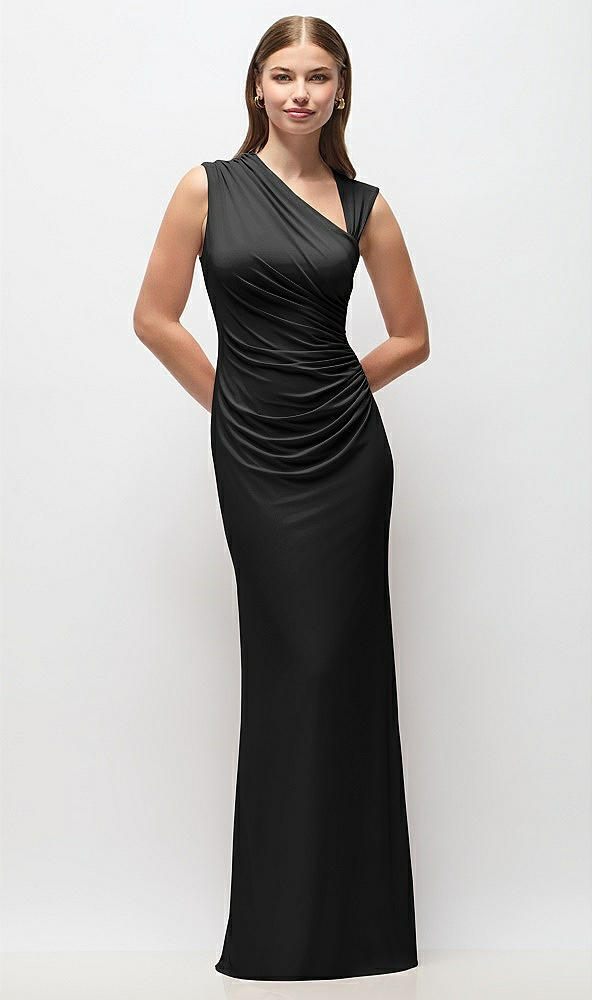 Front View - Black Asymmetrical Cap Sleeve Matte Jersey Column Maxi Dress with Fanned Ruching