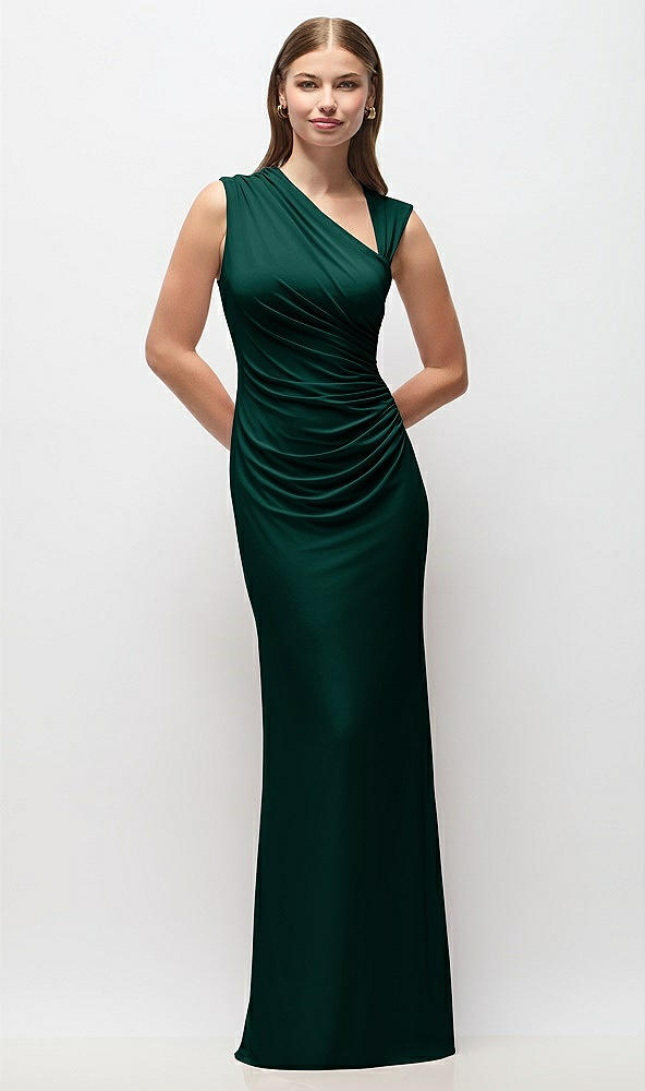Front View - Evergreen Asymmetrical Cap Sleeve Matte Jersey Column Maxi Dress with Fanned Ruching