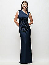 Front View Thumbnail - Midnight Navy Asymmetrical Cap Sleeve Matte Jersey Column Maxi Dress with Fanned Ruching